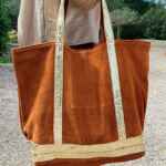 Sac Cabas Shopping Genuine Leather Camel Avec Sequins Dorés pour femme